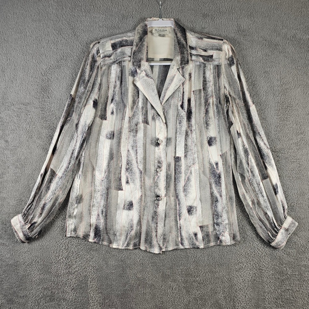 The Silk Farm Vintage‎ 100% Silk Abstract Metallic Stripe Blouse Grey White 8